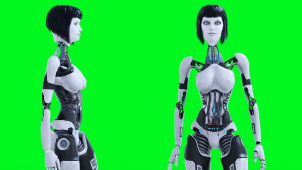 Vrouwelijke Sexy Robot Blijven Stationair Groen Scherm Isoleren Beeldmateriaal — Stockvideo