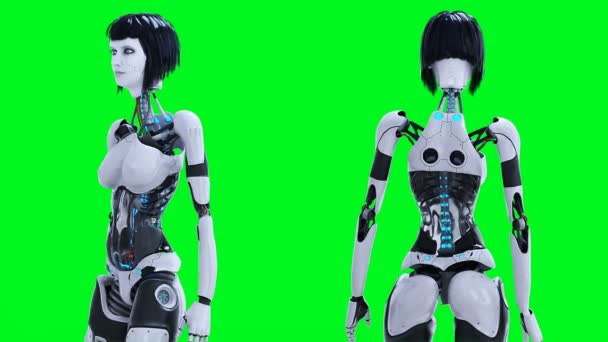 Female Sexy Robot Stay Idle Green Screen Isolate Footage — Stock video