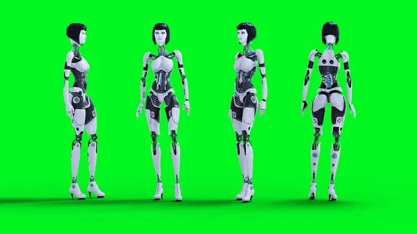 Female Sexy Robot Stay Idle Green Screen Isolate Render —  Fotos de Stock
