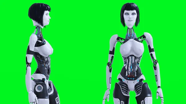 Vrouwelijke Sexy Robot Blijven Stationair Groen Scherm Isoleren Renderen — Stockfoto