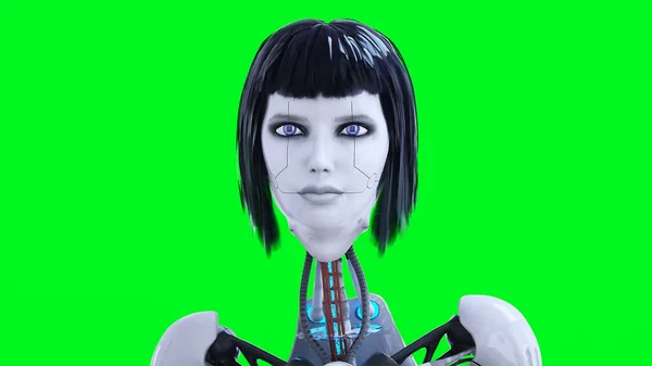 Female Sexy Robot Stay Idle Green Screen Isolate Render — ストック写真