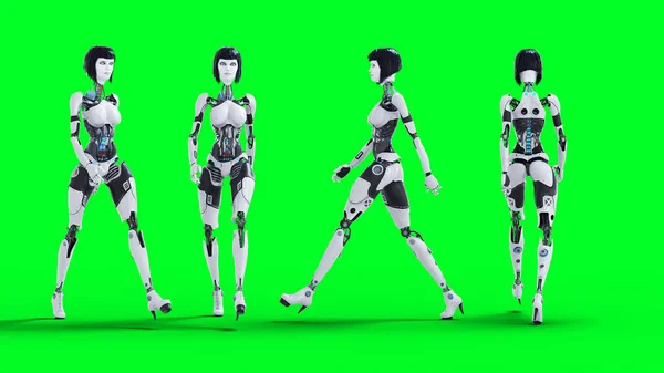 Vrouwelijke Sexy Robot Loopt Groen Scherm Isoleren Renderen — Stockfoto