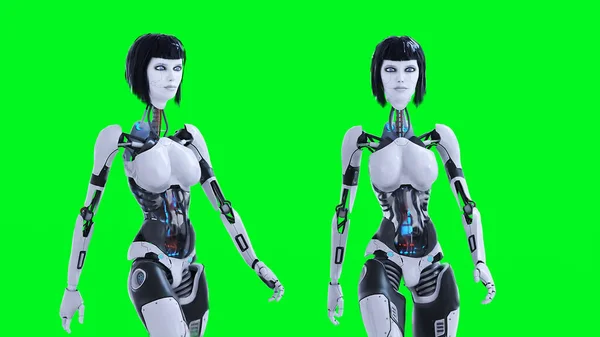 Female sexy robot walking. Green screen isolate. 3d render