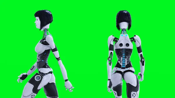 Female Sexy Robot Walking Green Screen Isolate Render — Stock Photo, Image