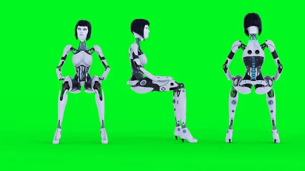 Female sexy robot sitting. Green screen isolate. 3d rendering