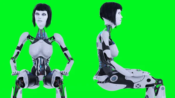 Female Sexy Robot Sitting Green Screen Isolate Rendering — 图库照片