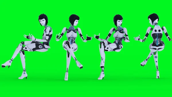 Female Sexy Robot Sitting Green Screen Isolate Rendering — Foto de Stock