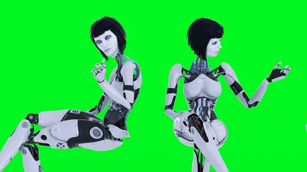 Female Sexy Robot Sitting Green Screen Isolate Rendering — стоковое фото