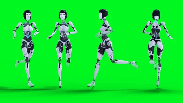 Female Sexy Robot Run Green Screen Isolate Rendering — стоковое фото