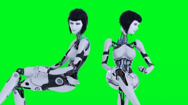 Weibliche Sexy Roboter Sitzen Green Screen Isolieren Filmmaterial — Stockvideo