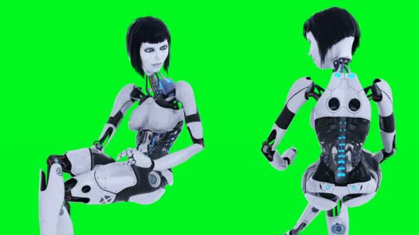 Vrouwelijke Sexy Robot Zit Groen Scherm Isoleren Beeldmateriaal — Stockvideo