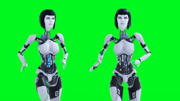 Vrouwelijke Sexy Robot Rennen Groen Scherm Isoleren Beeldmateriaal — Stockvideo