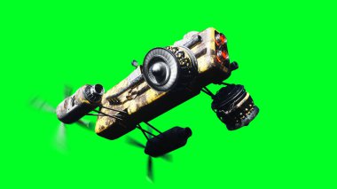 Kızla birlikte gelecekçi siber punk uçan araba. Yeşil ekran izole edildi. 3d oluşturma