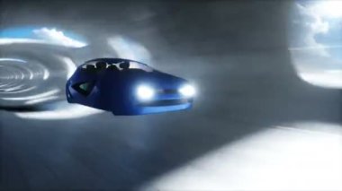 Futuristic sci fi tunnel. Flying futuristic car. Realistic 4k animation