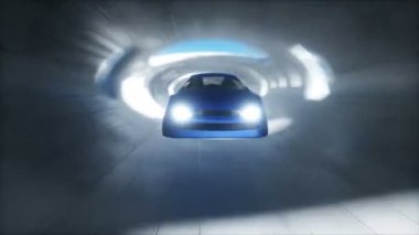 Futuristic sci fi tunnel. Flying futuristic car. Realistic 4k animation