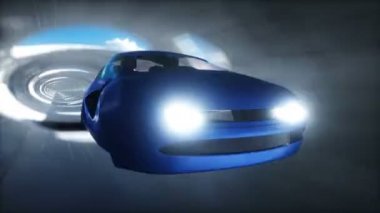 Futuristic sci fi tunnel. Flying futuristic car. Realistic 4k animation