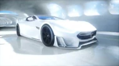 Fütürist bilim kurgu tüneli. Gelecekçi spor araba. Gerçekçi 4k animasyonu