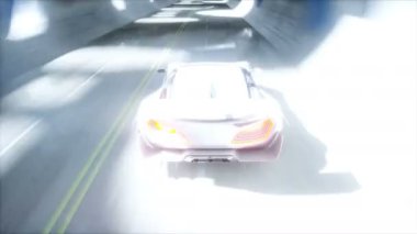 Fütürist bilim kurgu tüneli. Gelecekçi spor araba. Gerçekçi 4k animasyonu