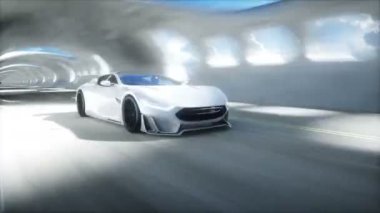 Fütürist bilim kurgu tüneli. Gelecekçi spor araba. Gerçekçi 4k animasyonu