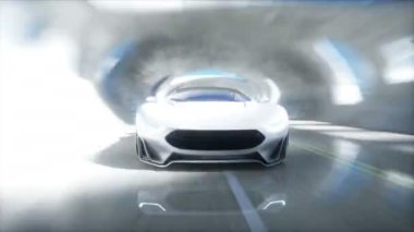 Fütürist bilim kurgu tüneli. Gelecekçi spor araba. Gerçekçi 4k animasyonu