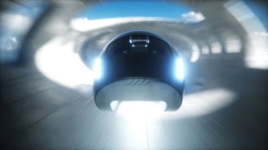 Fütürist bilim kurgu tüneli. Fütürist uçan tren. 3d oluşturma