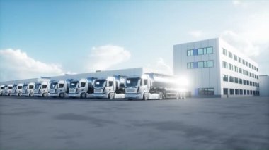 Generic 3d model of gasoline tanker on warehouse parking. Logistic center. Delivery, transport concept. Realistic 4k animation