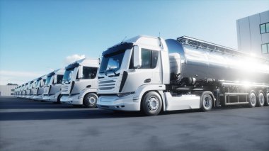 Generic 3d model of gasoline tanker on warehouse parking. Logistic center. Delivery, transport concept. 3d rendering