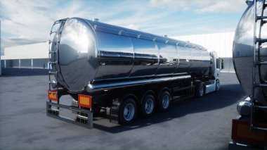 Depo otoparkında kullanılan 3 boyutlu benzin tankeri modeli. Lojistik merkezi. Teslimat, ulaşım konsepti. 3d oluşturma