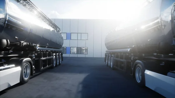 Generic 3d model of gasoline tanker on warehouse parking. Logistic center. Delivery, transport concept. 3d rendering