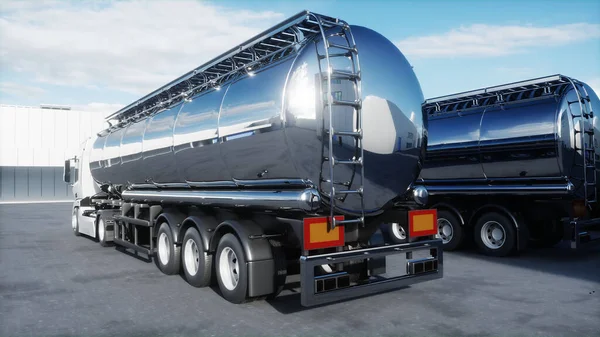 Generic 3d model of gasoline tanker on warehouse parking. Logistic center. Delivery, transport concept. 3d rendering