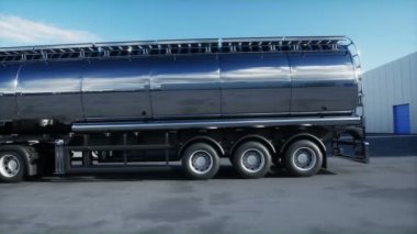 Generic 3d model of gasoline tanker on warehouse parking. Logistic center. Delivery, transport concept. Realistic 4k animation