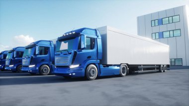 Generic 3d model of cargo trucks on warehouse parking. Logistic center. Delivery, transport concept. 3d rendering