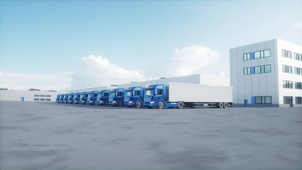 Generic 3d model of cargo trucks on warehouse parking. Logistic center. Delivery, transport concept. 3d rendering