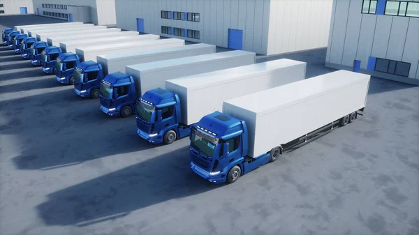 Generic 3d model of cargo trucks on warehouse parking. Logistic center. Delivery, transport concept. 3d rendering