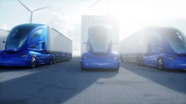 Depodaki otoparkta geleceğin elektrikli kamyonları. Lojistik merkezi. Teslimat, ulaşım konsepti. Gerçekçi 4k animasyonu