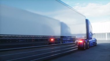 Depodaki otoparkta geleceğin elektrikli kamyonları. Lojistik merkezi. Teslimat, ulaşım konsepti. Gerçekçi 4k animasyonu