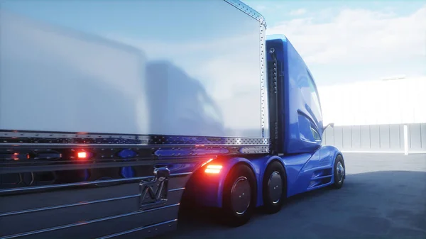 Futuristic electrick trucks on warehouse parking. Logistic center. Delivery, transport concept. 3d rendering