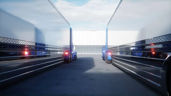Futuristic electrick trucks on warehouse parking. Logistic center. Delivery, transport concept. 3d rendering