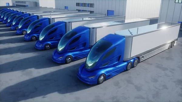 Futuristic Electrick Trucks Warehouse Parking Logistic Center Delivery Transport Concept — Foto Stock