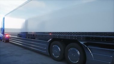 Depodaki otoparkta geleceğin elektrikli kamyonları. Lojistik merkezi. Teslimat, ulaşım konsepti. Gerçekçi 4k animasyonu