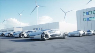 Futuristic electrick cars on warehouse parking. Logistic center. Green energy concept. Realistic 4k animation