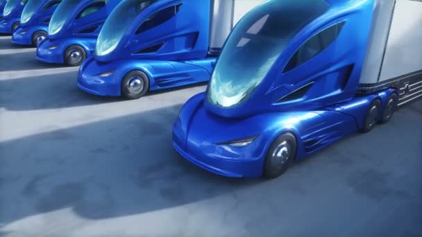 Futuristic Electrick Trucks Warehouse Parking Logistic Center Delivery Transport Concept — Wideo stockowe