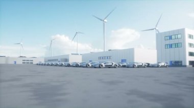 Futuristic electrick cars on warehouse parking. Logistic center. Green energy concept. Realistic 4k animation