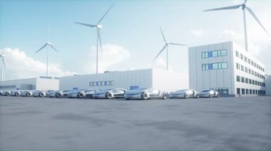 Futuristic electrick cars on warehouse parking. Logistic center. Green energy concept. Realistic 4k animation