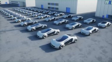 Futuristic electrick cars on warehouse parking. Logistic center. Green energy concept. Realistic 4k animation