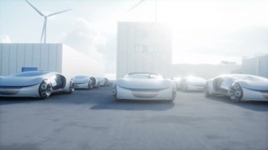 Futuristic electrick cars on warehouse parking. Logistic center. Green energy concept. Realistic 4k animation
