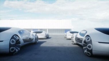 Futuristic electrick cars on warehouse parking. Logistic center. Green energy concept. Realistic 4k animation