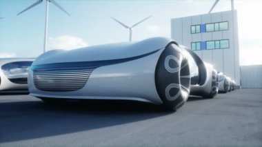 Futuristic electrick cars on warehouse parking. Logistic center. Green energy concept. Realistic 4k animation