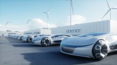 Futuristic electrick cars on warehouse parking. Logistic center. Green energy concept. Realistic 4k animation