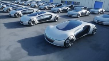 Depoda geleceğin elektrikli arabaları var. Lojistik merkezi. Yeşil enerji konsepti. Gerçekçi 4k animasyonu
